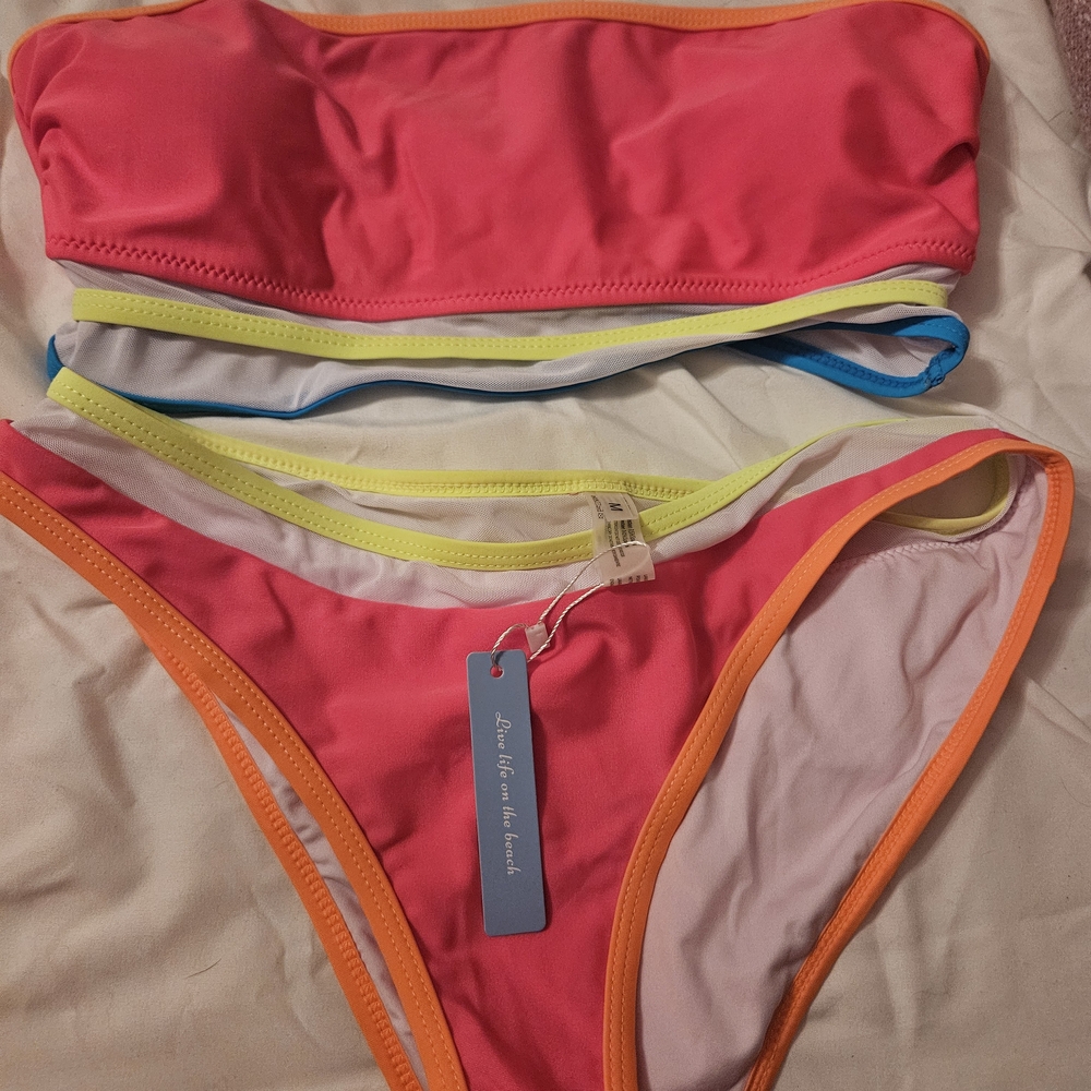 Live Life On The BEACH Multicolor Bikini Set - Pink, Orange, Blue